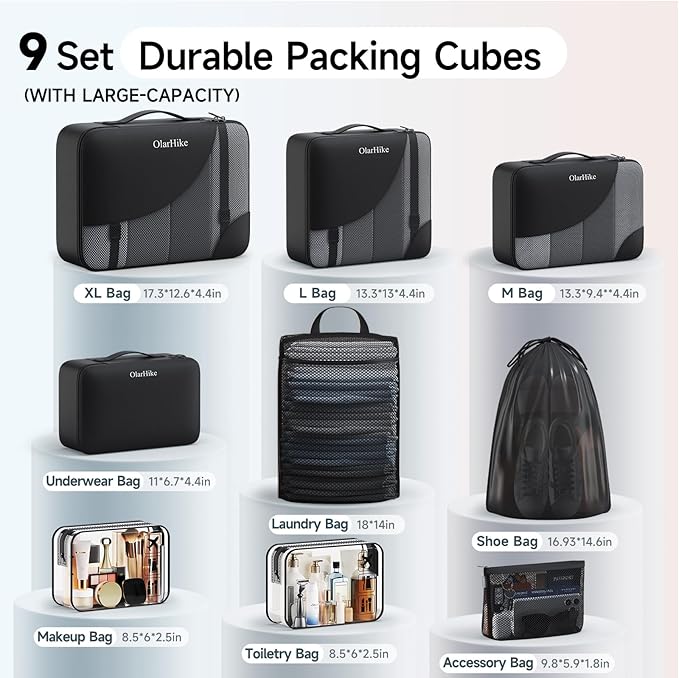 9 Set Packing Cubes for Travel, Gifts for Women Mom, Anti-Tearing Suitcase Organizer, OlarHike Vacation Essentials & Accessories for Cruise Ship