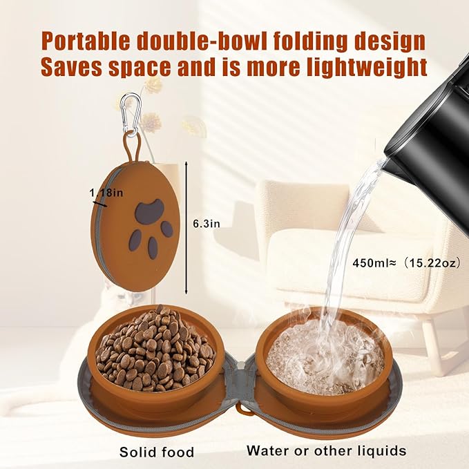 Collapsible Dog Bowls, 2-in-1 Silicone Pet Food and Water Bowl with Carabiner, Portable Double Compartment Dish for Travel, Camping, Hiking Puppy Essentials (Brown)