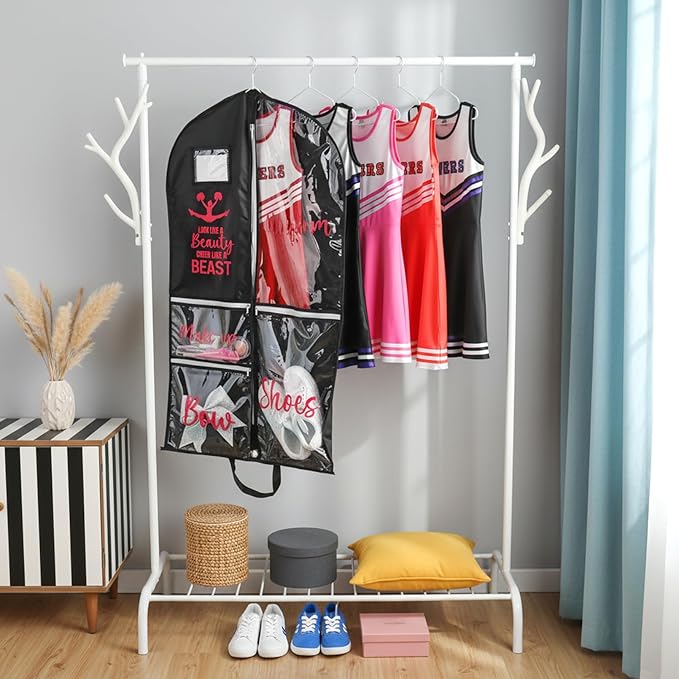 DEEKA Cheer Garment Bag for Hanging Clothes with Zipper Pockets Cheer Accessories Mom Essentials Uniform Costume 40 Inch Black Bags Stuff for Cheerleading Girls (Black,Red-Cheer Quote)