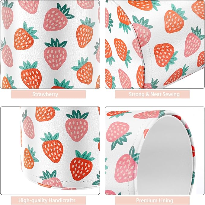 WAVEYU Pen Holder for Women Girls, Pencil Cup Pink Desk Decor, Makeup Brush Holder Large Pu Leather Multi-Functional Organizer Cup for Office, Classroom, Home, Strawberry