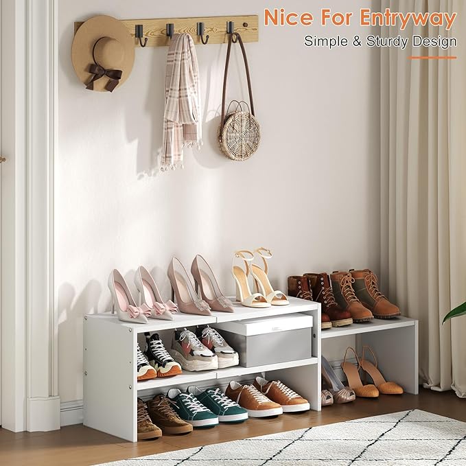 44.6 Inches Expandable White Shoe Rack Organizer for Closet,Adjustable Small Shoe Storage Shelves,Metal Wood Combination Shoe Shelf Stand Holder for Closets,Entryway,Front Door,Narrow Space,10-13 Pair