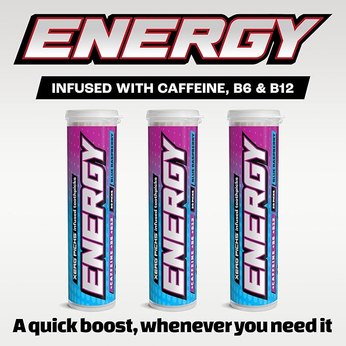 Xero Picks Energy Caffeine Flavored Toothpicks B12 for Focus & B6, 60 Picks (Pack of 3) (Blue Raspberry) Sugar-Free Alternative to Energy Mints & Gum - Kosher