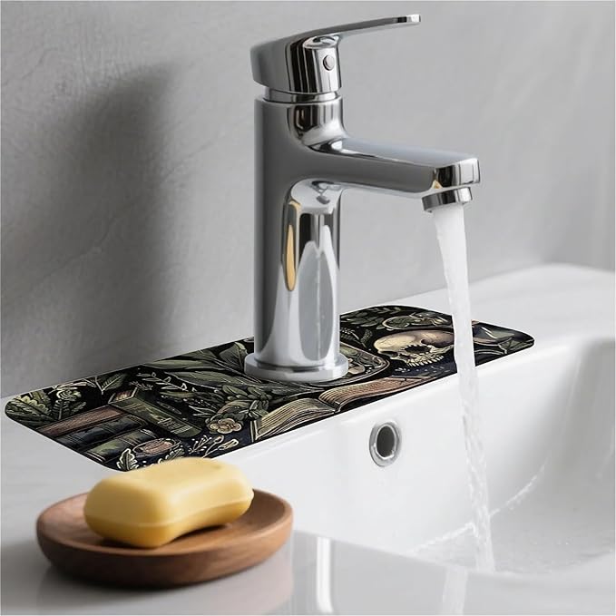 Kitchen Sink Splash Guard，Books and skulls Faucet Mat Sink Gadgets-Super Absorbent Fast Drying Mat Drip Catcher for Kitchen, Bathroom,Sink Mat, Dish Drying Mat, Bathroom(15" X 5.5" )