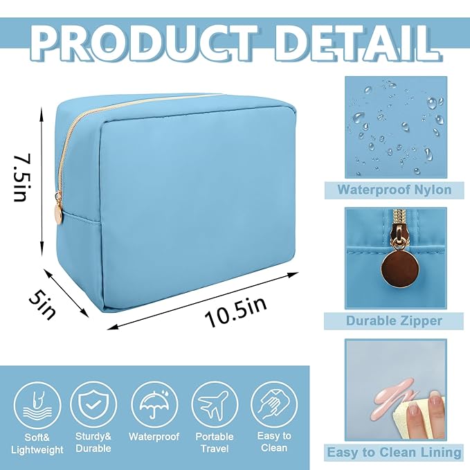 Large Makeup Bag Pouch, Nylon Women Travel Toiletry Storage Bag, Preppy Cosmetic Bag for Girls, Big Makeup Organizer Bag, Cute Zipper Pouch Skincare Bag for Sport Work Gift (Large-Periwinkle)
