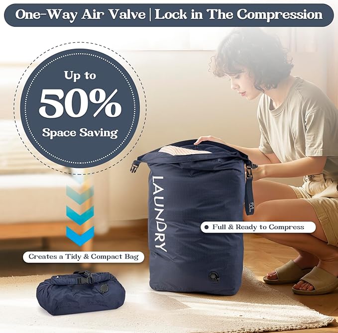 Travel Laundry Bag, Vacuum Compression Dirty Clothes Travel Bag, Waterproof Wet/Dry Space-Saving Laundry Storage Organizer, Smell Proof Storage Bag for Clothing, Swimming, Yoga, Gym, Camping