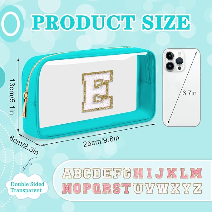 Small Clear Personalized Initial Makeup Bag,Nylon Preppy A-Z Chenille Letter Patch Cosmetic Pouch Beach Toiletry Bag,Waterproof Zipper Travel Purse Storage Bag Organizer for Women Girls(Cyan-White E)