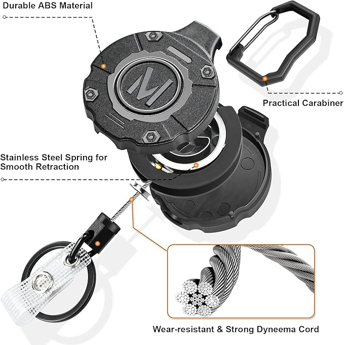 1 Pack Heavy Duty Retractable Keychain ID Badge Reels Retractable Carabiner Badge Holder with 31.5” Steel Cord, 9.0 oz
