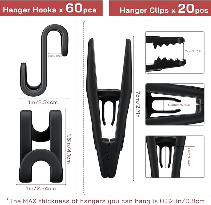 Tinfol Black 60pc Clothes Hanger Connector Hooks and 20pc Plastic Hanger Clips, Stackable Space Saving Hook for Closet Organizers,Plastic Finger Clips for Hangers