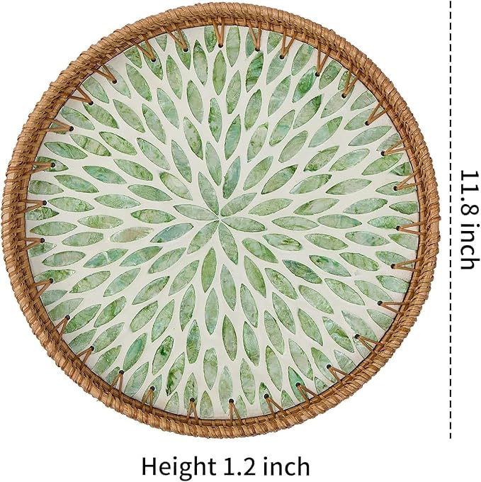 12" Large Rattan Serving Tray with Mother of Pearl, Decorative Coffee Table Trays for Home Decor, Large Wicker Woven Serving Tray Decor for Kitchen Counter,Living Room and Ottoman, Green