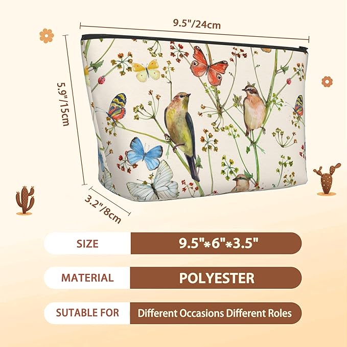 Vintage Bird Butterfly Makeup Bag Travel Cosmetic Bag for Women,Floral Small Make up Pouch Travel Bags for Toiletries Aesthetic Accessories Waterproof Gifts