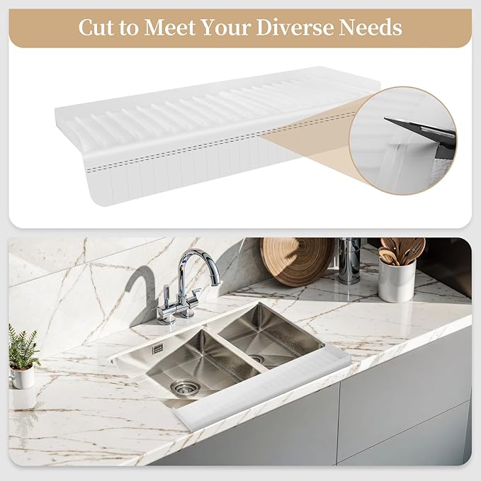 Silicon Edge Protectors for Kitchen Sink, Splash Guard With Suction Cups, Upgraded Design for Quartz, Granite, Bathtub (White, 14" x 4")