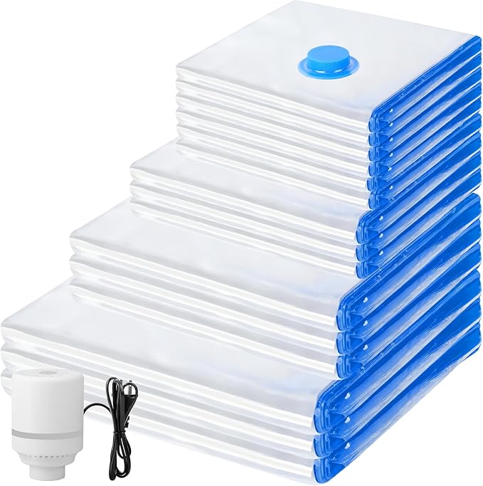 15 Pack Vacuum Storage Bags with Electric Pump, Compression Space Saver Vacuum Seal Bags 3 Jumbo/3 Large/3 Medium/3 Small/3 Roll Up Bags for Clothing Travel Comforters Blankets Pillows Bedding Duvets