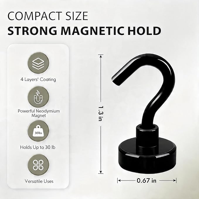 Neosmuk Magnetic Hooks, Heavy Duty 30lb+ Strong Magnet Hook for Cruise Cabins, Cruise Ship Essentials for Hanging, Metal Wall Refrigerator Hangers (Black, 15 Pack)