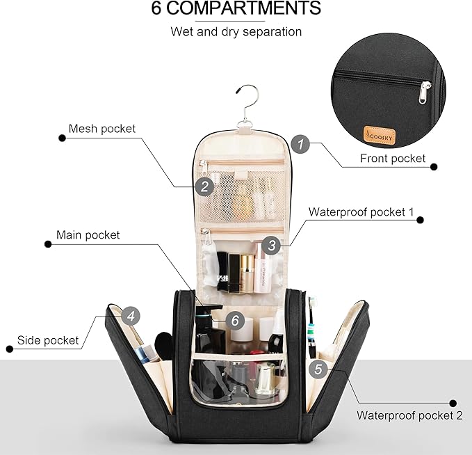Hanging Travel Toiletry Bag for Women and Men, 6 Organizer Compartments, Large Toiletries Essentials, Bathroom Cosmetic Accessories, Water-resistant Makeup Bag, Holds Full-Size Shampoo, Black