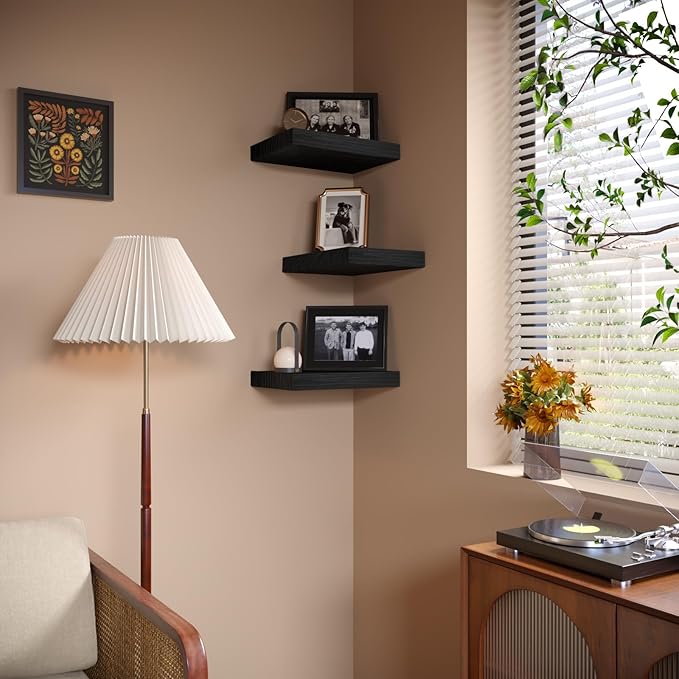 Small Floating Shelves for Wall - 12 x 9 Inch Black Shelves for Bedroom, Living Room, Bathroom, Kitchen, Office Decor Set of 3