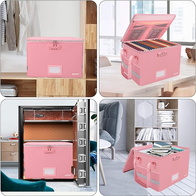 ENGPOW File Box with Lock, Fireproof Document Box with Zipper & Pockets, Collapsible File Organizer Filing Storage Cabinet with Handle, Portable Home Office Safe for Hanging Letter/Legal Folder, Pink