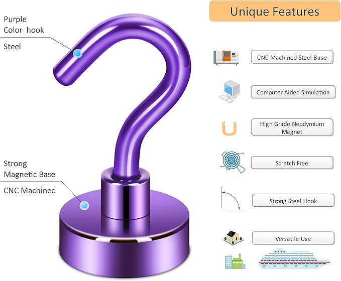 Neosmuk Magnetic Hooks, Heavy Duty 30lb+ Strong Magnet Hook for Cruise Cabins, Cruise Ship Essentials for Hanging, Metal Wall Refrigerator Hangers (Purple, 15 Pack)