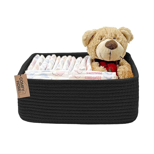 COMFY-HOMI 13" x 8.5" x 5.1" Storage Baskets for Organizing | Cotton Rope Woven Basket | Toy Storage Bin Box | Basket for Shelves, Closet Organizer Bin, Decorative Closet Shelf, 1 Pack, All black