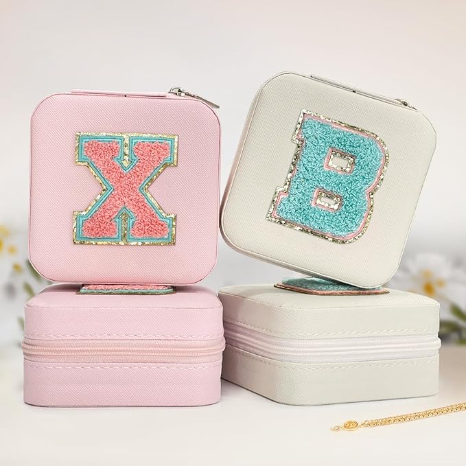 SANDJEST Personalized Jewelry Box, Pink Travel Jewelry Box with Initial X, Small Monogrammed Jewelry Case Organizer for Girls Women Teen Kids, Mini Travel Essentials Gifts for Birthday Christmas