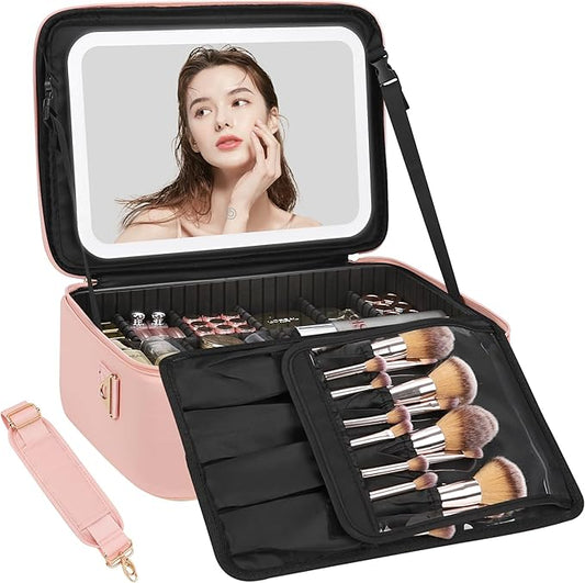 Relavel Makeup Bag with LED Mirror, 16.2 inches Large Professional Makeup Case for Makeup Artists, Travel Portable Cosmetic Organizer Storage Box, Vanity Case with 3 Colors Lighted Mirror, Pink