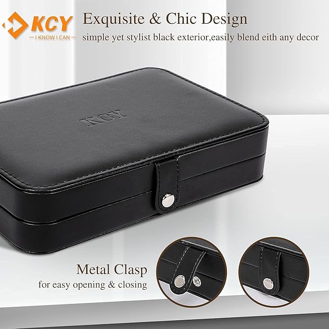 KCY Travel Jewelry Organizer Box for Women Girls, Small Travel Jewelry Case, PU Leather Portable Jewellery Storage Boxes Display Holder for Ring Earrings Necklace Bracelet Bangle, Gifts, Black