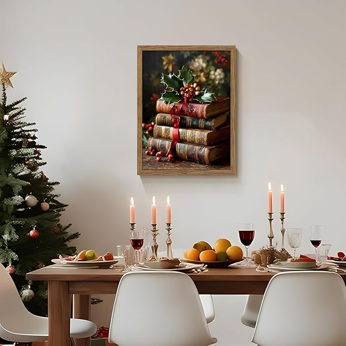Vintage Christmas Books Canvas Wall Art Framed, Dark Academia Pictures Wall Decor, Rustic Xmas Bookish Decor, Moody Paintings Prints, Winter Navidad Artwork for Home Library Reading Room 12x16 Inch