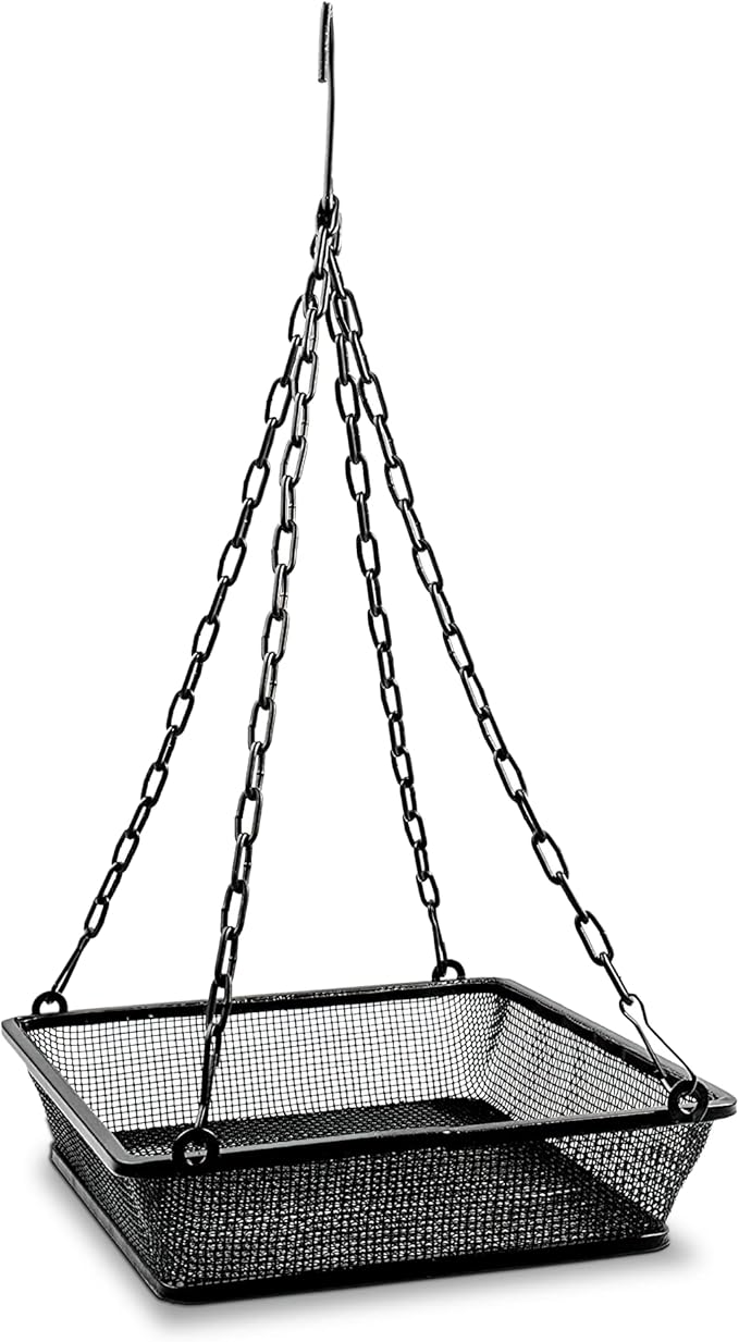 Monarch Abode Hanging Bird Feeder for Outdoors – Hanging Birdfeeder with Iron Mesh Seed Tray for Wild Birds, Matte Black Metal Decorative Wild Bird Feeder for Outside Garden Patio Deck Yard
