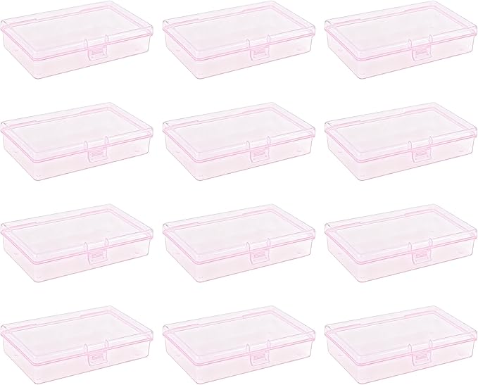 LJY 12 Pieces Rectangular Empty Mini Clear Plastic Organizer Storage Box Containers with Hinged Lids (5.3 x 3.1 x 1.2 inch, Pink)