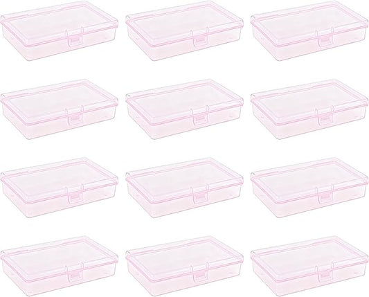 LJY 12 Pieces Rectangular Empty Mini Clear Plastic Organizer Storage Box Containers with Hinged Lids (5.3 x 3.1 x 1.2 inch, Pink)