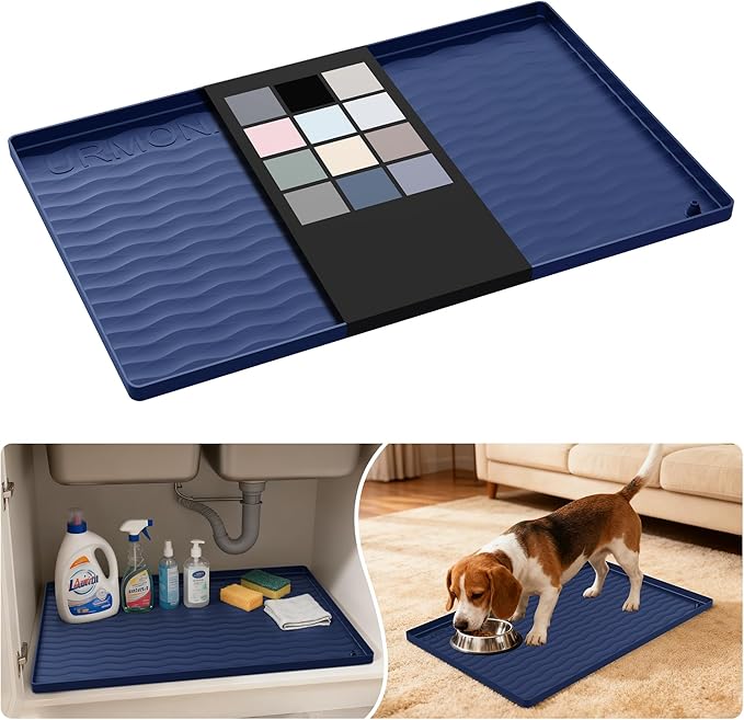 URMONA Waterproof Silicone Under Sink Mat 22'' x 14'' Shelf Liner for Kitchen and Bathroom, Cabinet and Counter Protector, Storage and Organizers, Litter Mat, Pet Cat Puppy Essentials(Navy)