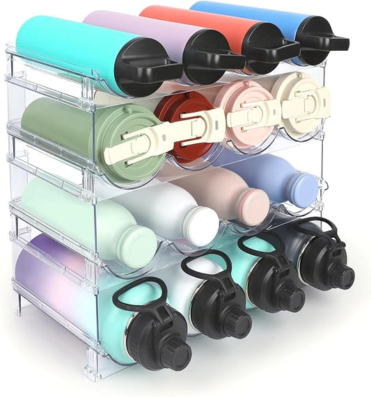 Water Bottle Organizer - 4 Pack Clear Stackable Bottle Storage Rack and Wine Rack for Stanley Yeti Bottles and Other Tumblers, Organizer for Kitchen Cabinets, 4-Tier Holds 16