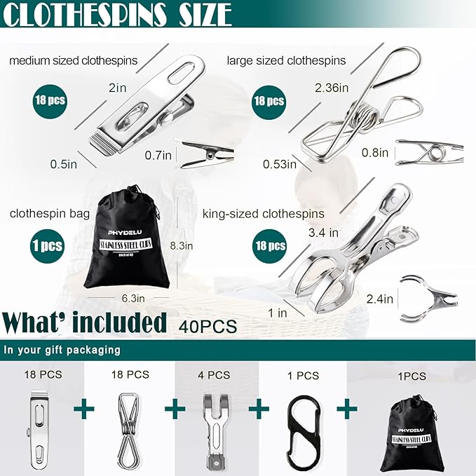 (40 PCS) Stainless Steel Clothes Pins Heavy Duty Outdoor, Mini Laundry Clothespins, Small Metal Bag Chip Clips, Food Packages, Clothesline Sock Snack Clips, PHYDELU