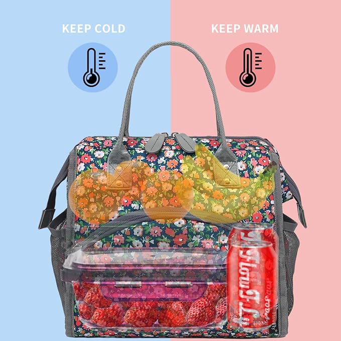 FlowFly Insulated Lunch Bag for Women, Men, Large and Reusable, with Handle, for Work, Travel, and Meal Prep Organizer, Floral