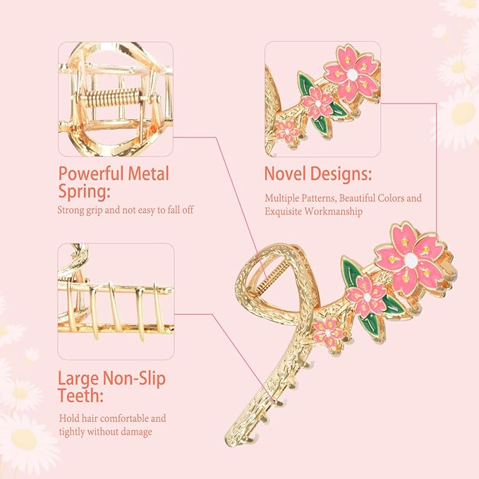 3-Piece Flower Metal Hair Accessories: Pink Tulip Hair Claw, Elegant Lily Floral Barrettes, Strong Hold Non-Slip Cute Orchid Hair Clips for Thin/Medium Thick Hair