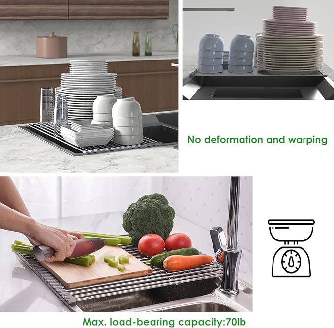 Tomorotec Roll Up Dish Drying Rack, Over The Sink Dish Drying Rack, Portable Stainless Steel Rolling Rack Multipurpose Kitchen Drainer Caddy Organizer Storage Shelf Holder, Gray