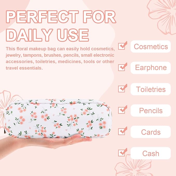 Waterproof Small Floral Pencil Case Makeup Bag for Purse,Cute Flower Pencil Pouch Preppy Nylon Makeup Brush Holder with Zipper,Girls Portable Storage Case Small Pen Bag for Work(Slim White-Flowers)