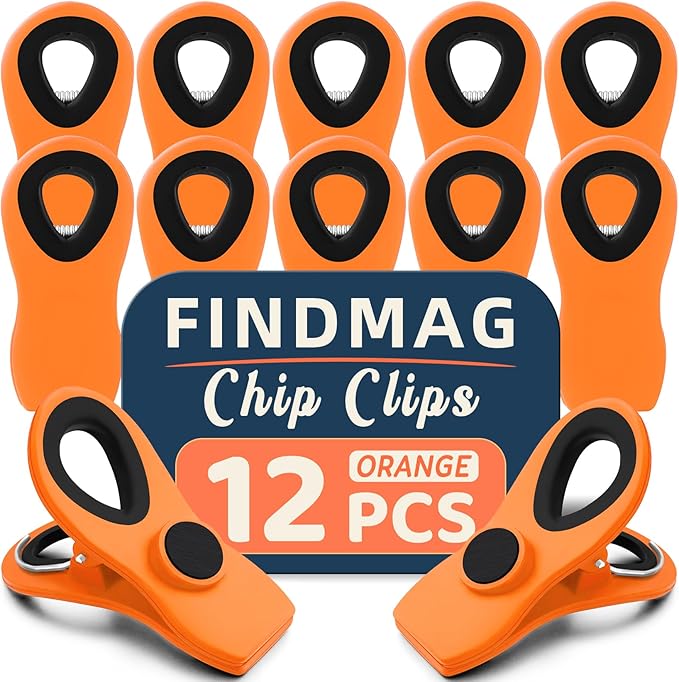 FINDMAG 12 Pack Big Chip Clips, Orange Magnetic Clip for Plants, Edge Clamp, Plastic Snack Clips for Bags, Food Sealing Clip with Magnet for Chips, Snacks, Fridge and Food Organization