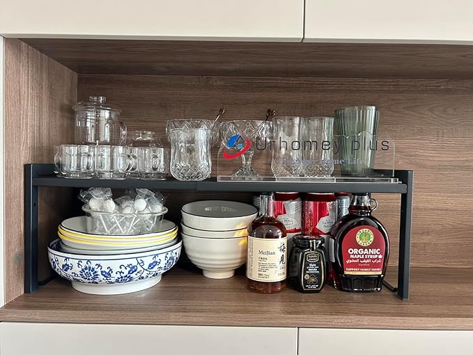 2 Pack Expandable Cabinet Shelf Organizer 16-26" L Stackable Kitchen Counter Shelves Rack Stand Sink Riser Countertop Storage Black (Normal 7.9”D)