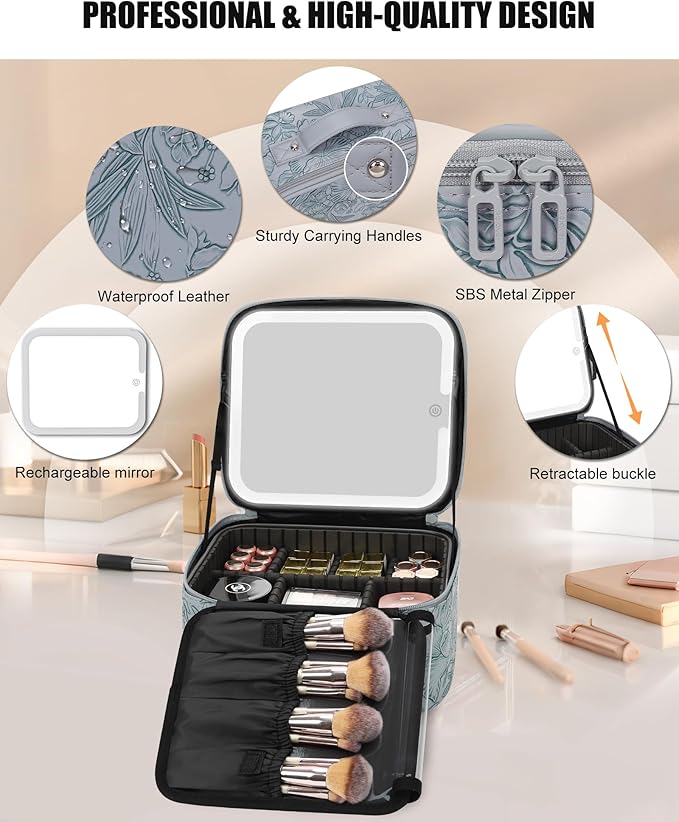 Relavel Travel Makeup Bag With LED Mirror for Women, Cosmetic Organizer Bag with Adjustable Brightness in 3 Color Scenarios, Detachable Dividers, Waterproof Train Case for Daily - Dark Blue Flower