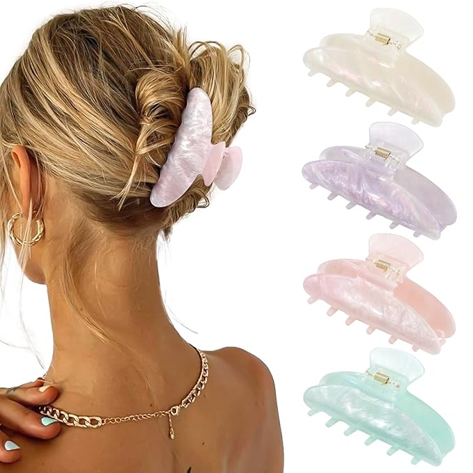 4Pcs Large Hair Claw Clips - Acrylic Big Hair Clips for Thick Hair Strong Hold Hair Jaw Clips Non-slip Banana Hair Barrettes Clips for Women Girls (Sparkle(white/purple/pink/green))