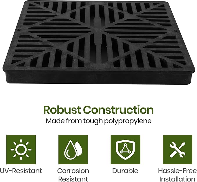Calvana 2 Pack 12 Inch Catch Basin Drain Grate, Fiberglass Reinforced Polyethylene Square Drain Cover for Yard Patio Driveway Drainage, Black