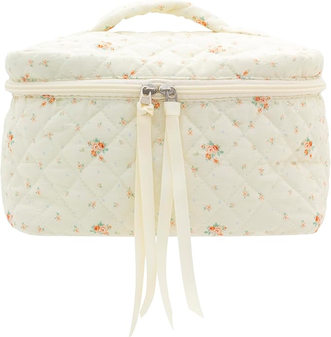 PAZIMIIK Quilted Makeup Bag Large Travel Zipper Soft Cosmetic Case for Women Girls Make Up, Floral White