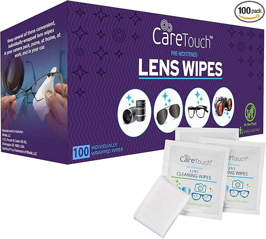 Care Touch Lens Wipes for Eyeglasses- 100 Count Individually Wrapped Pre- Moistened Wipes, 5 x 6 Inch- Camera Lens, Sunglasses and Glasses Cleaner,- Gentle and Portable for Cleaning of Optical Devices