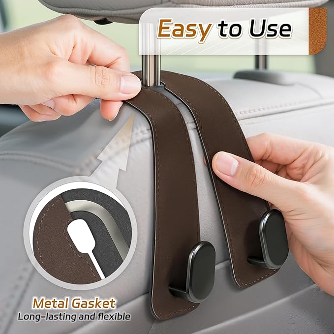 Fitnice Car Seat Headrest Hooks - 4 Pack Universal Car Purse Hook, Leather Car Bag Purse Holder with Double Metal Hooks for Handbags, Grocery Bags, Bottles, Phones, Brown