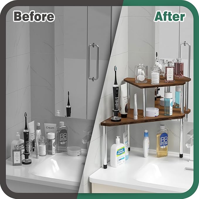 Weenson Bathroom Organizer Countertop, Bathroom Sink Organizer for Toiletries, Makeup, Skincare, Bamboo 2-Tier Kitchen Countertop Organizer for Spice Salt (Brwon)