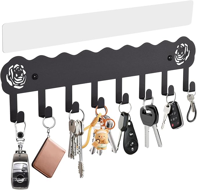 Key Holder Hooks Organizer Hanger Rack Wall Mounted with 8 Hooks, Adhesive Key Holder for Wall, No Drill Modern Key Holder Wall Mount, for Entryway, Kitchen, Hallway, RV Decor （Medium）