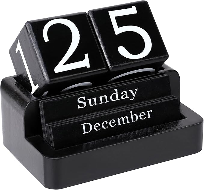 Wooden Block Calendar for Desk, Daily Desktop Perpetual Desk Calendar, Modern Farmhouse Aesthetic Desk Accessories for Home Office Decor, Teacher, Classroom, Reusable Yearly, Black