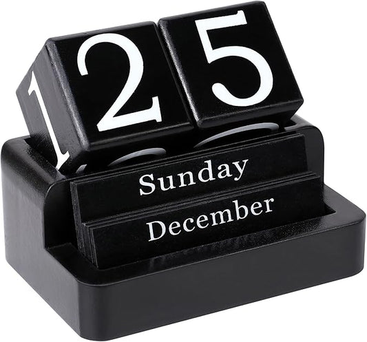 Wooden Block Calendar for Desk, Daily Desktop Perpetual Desk Calendar, Modern Farmhouse Aesthetic Desk Accessories for Home Office Decor, Teacher, Classroom, Reusable Yearly, Black