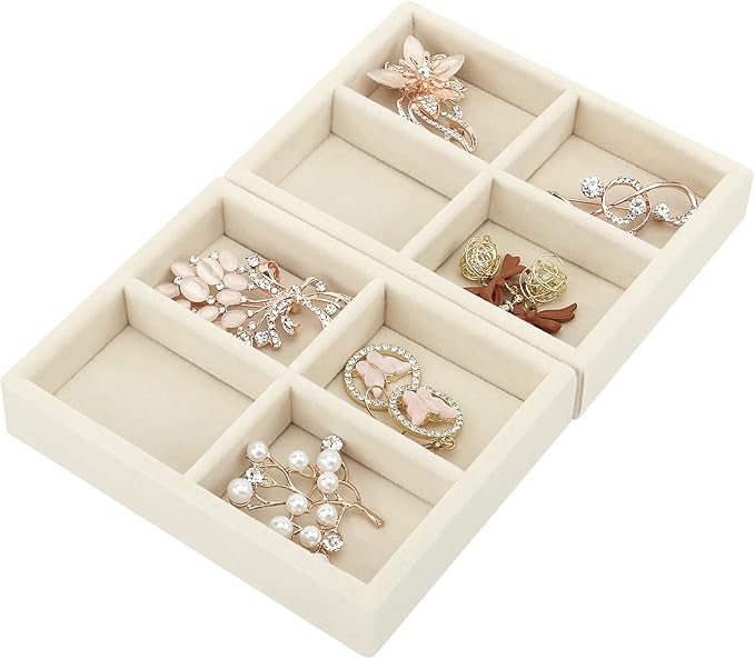 DesignSter Small Jewelry Tray-Ring Organizer 2PCS Premium Velvet Rings Earrings Display Tray Storage Insert Holder for Jewelry Box, Drawer, Dresser (4 Grids, Beige)