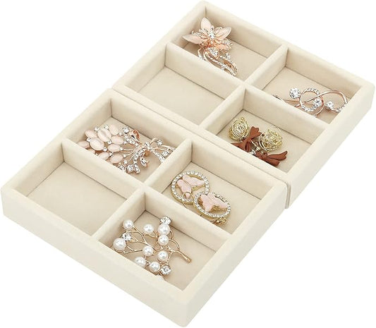 DesignSter Small Jewelry Tray-Ring Organizer 2PCS Premium Velvet Rings Earrings Display Tray Storage Insert Holder for Jewelry Box, Drawer, Dresser (4 Grids, Beige)